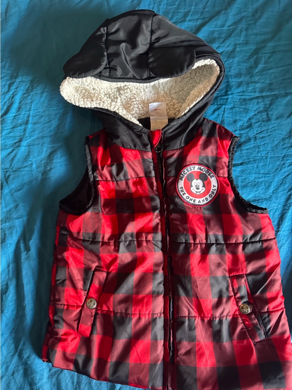 Disney Red and Black Buffalo Plaid Mickey Mouse Puffer Vest